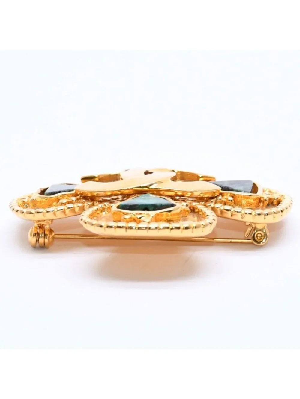 Chanel CC Logo Gripoix Brooch Clover Shape Color Stone Gold Green Metal Plated